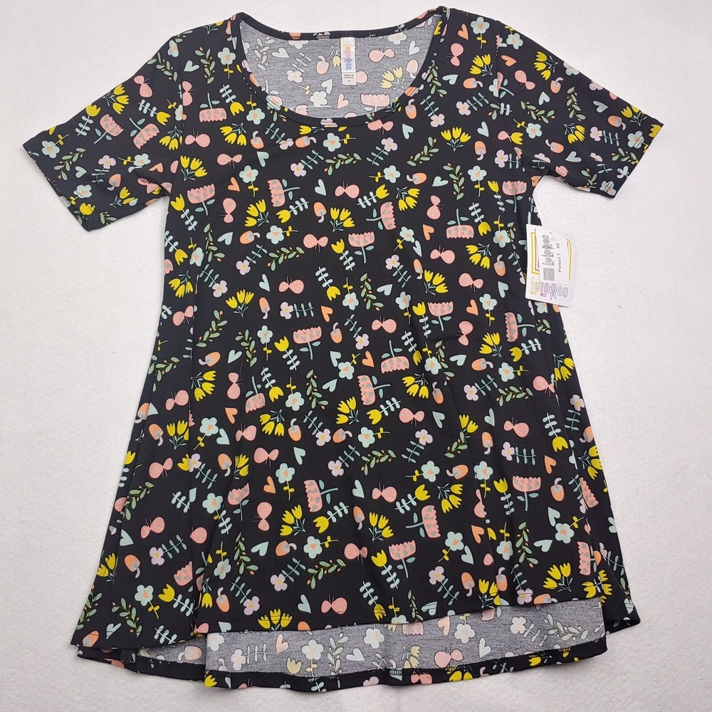 LulaRoe Shirt Woman's Size XS Black Multicolor Easter Floral Print Perfect T NWT